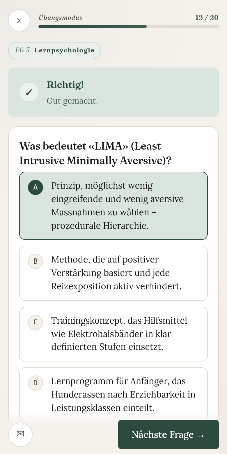 Auswertung einer Frage mit Erklärung in der Lernapp