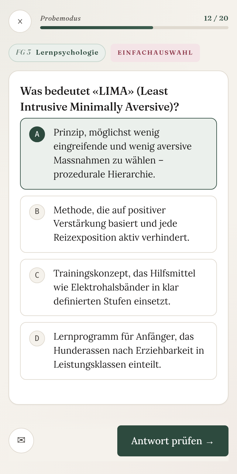 Lernapp Hundetrainer auf dem Handy: Frage zu LIMA aus dem Fachgebiet Lernpsychologie